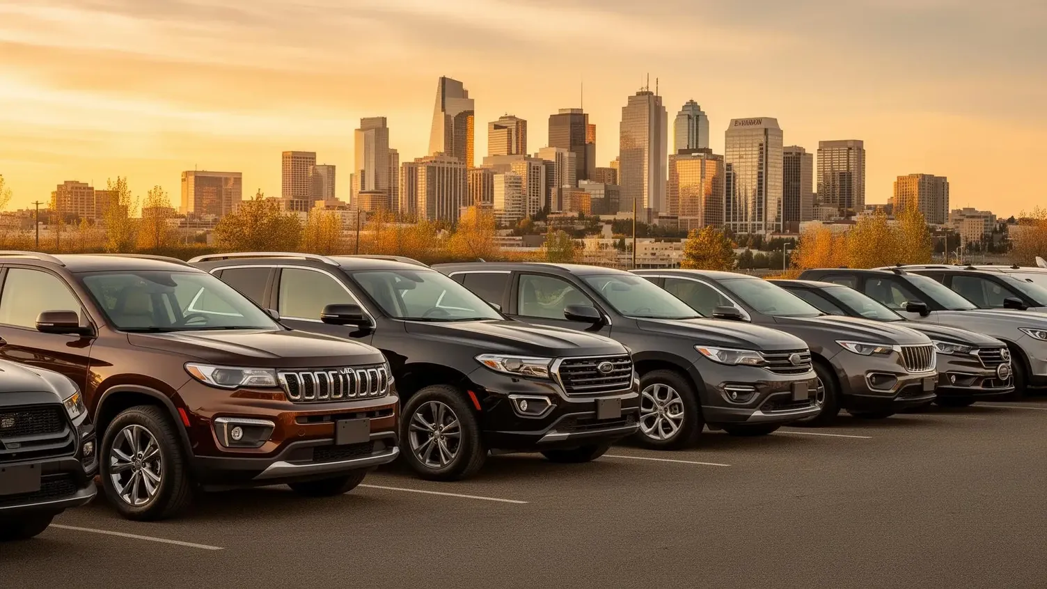 Row of quality used cars with Edmonton skyline